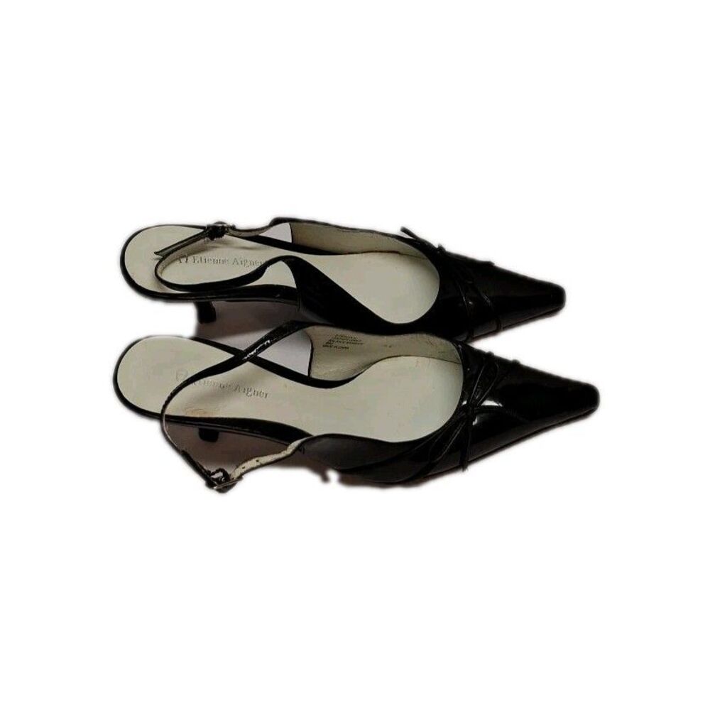 Etienne Aigner Black Patent Slingback Heels With Bow Decor Sz 8